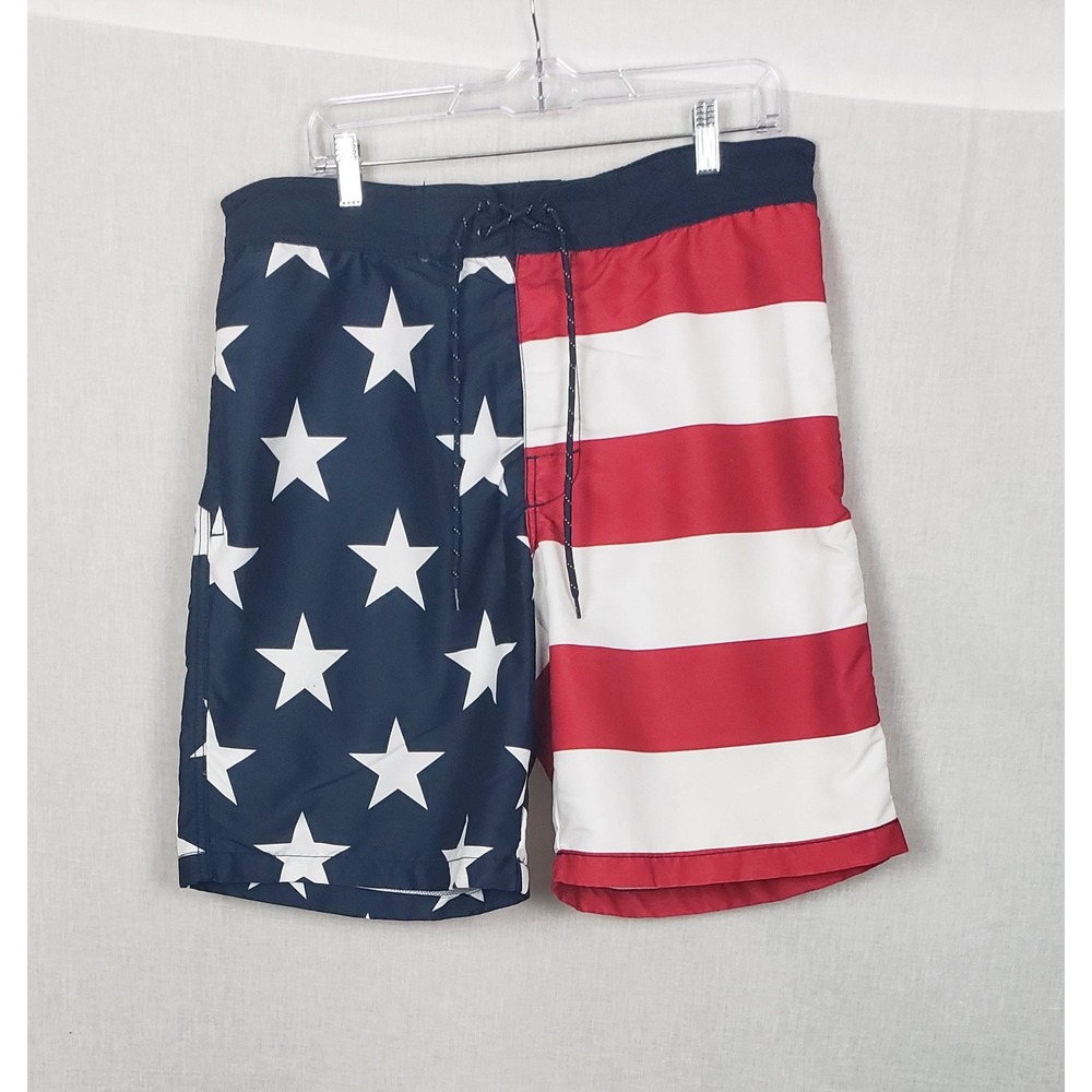 St Johns Bay Mens American Flag Swim Trunks Stars Stripes L Patriot 4th of July